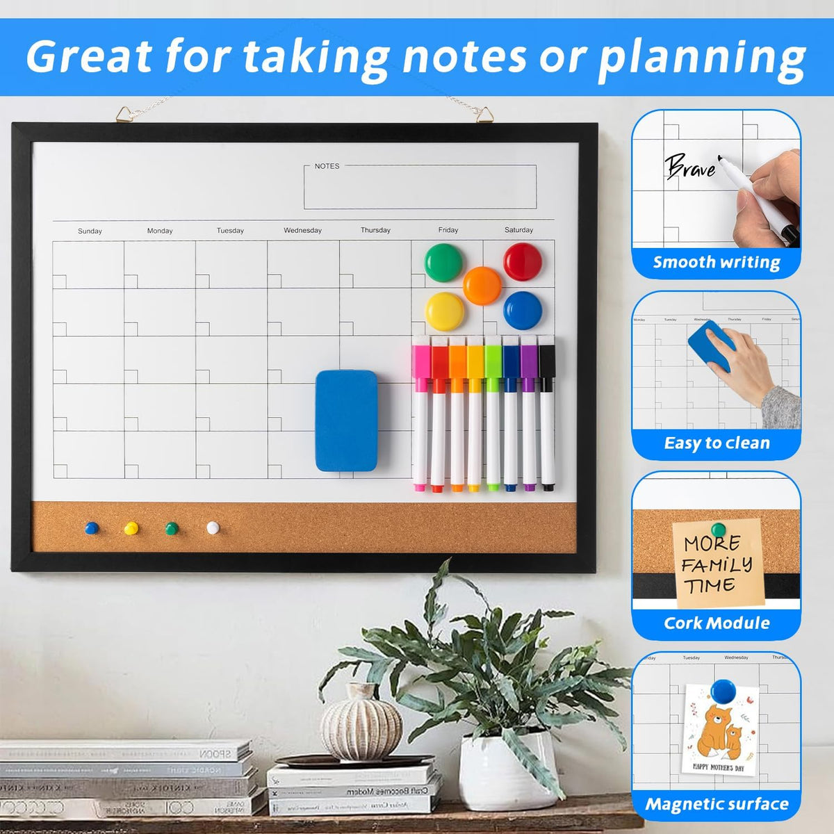 Dry Erase Calendar Whiteboard, 17" x 13" Magnetic Whiteboard Cork Board Combo, Reusable Monthly Planner with 8 Markers, Eraser, Magnets and Pushpins, Hanging Dry Erase Board for Home, School - White