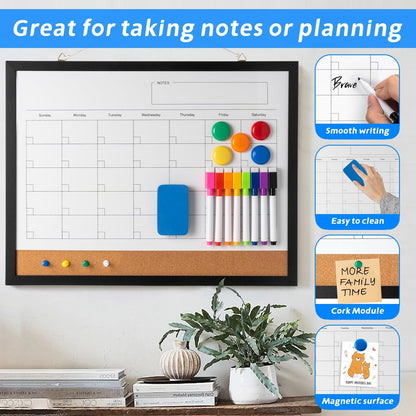 Dry Erase Calendar Whiteboard, 17" x 13" Magnetic Whiteboard Cork Board Combo, Reusable Monthly Planner with 8 Markers, Eraser, Magnets and Pushpins, Hanging Dry Erase Board for Home, School - White
