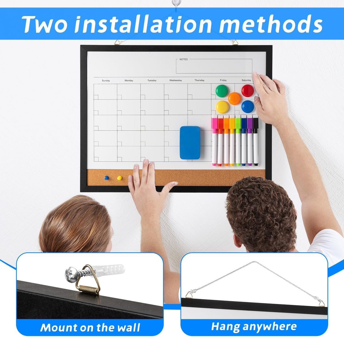Dry Erase Calendar Whiteboard, 17" x 13" Magnetic Whiteboard Cork Board Combo, Reusable Monthly Planner with 8 Markers, Eraser, Magnets and Pushpins, Hanging Dry Erase Board for Home, School - White