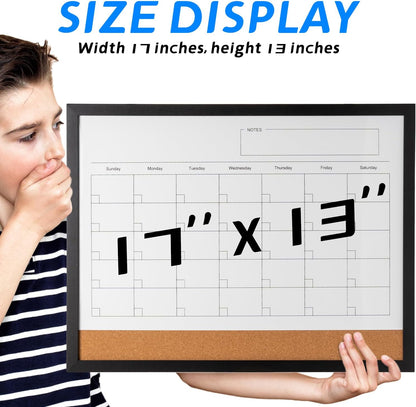 Dry Erase Calendar Whiteboard, 17" x 13" Magnetic Whiteboard Cork Board Combo, Reusable Monthly Planner with 8 Markers, Eraser, Magnets and Pushpins, Hanging Dry Erase Board for Home, School - White