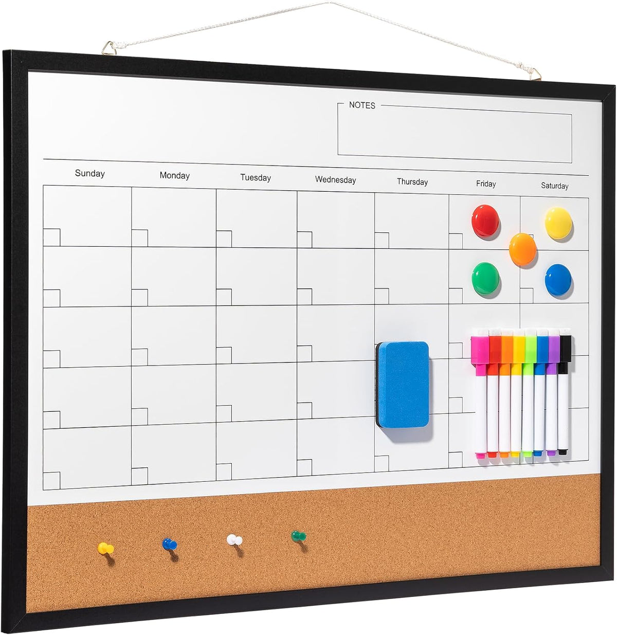 Dry Erase Calendar Whiteboard, 17" x 13" Magnetic Whiteboard Cork Board Combo, Reusable Monthly Planner with 8 Markers, Eraser, Magnets and Pushpins, Hanging Dry Erase Board for Home, School - White