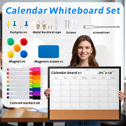Dry Erase Calendar Whiteboard, 17" x 13" Magnetic Whiteboard Cork Board Combo, Reusable Monthly Planner with 8 Markers, Eraser, Magnets and Pushpins, Hanging Dry Erase Board for Home, School - White
