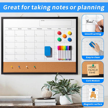 Dry Erase Calendar Whiteboard, 17" x 13" Magnetic Whiteboard Cork Board Combo, Reusable Monthly Planner with 8 Markers, Eraser, Magnets and Pushpins, Hanging Dry Erase Board for Home, School - White