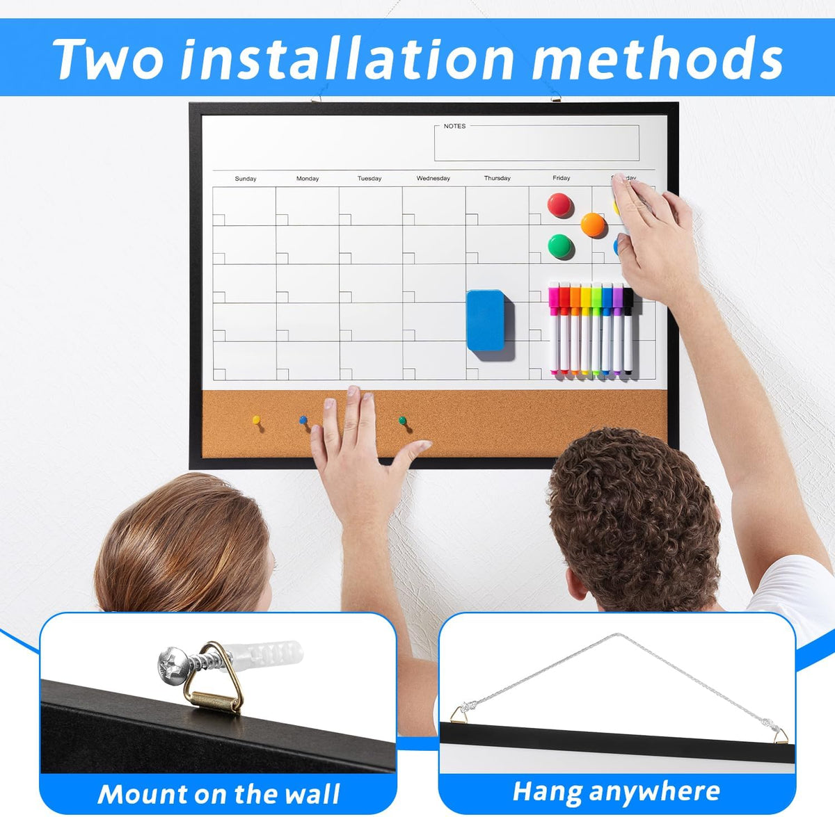 Dry Erase Calendar Whiteboard, 17" x 13" Magnetic Whiteboard Cork Board Combo, Reusable Monthly Planner with 8 Markers, Eraser, Magnets and Pushpins, Hanging Dry Erase Board for Home, School - White
