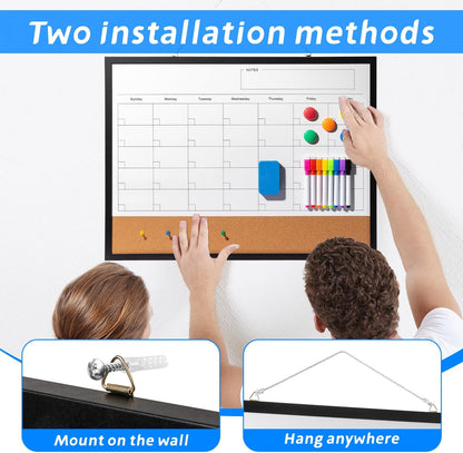Dry Erase Calendar Whiteboard, 17" x 13" Magnetic Whiteboard Cork Board Combo, Reusable Monthly Planner with 8 Markers, Eraser, Magnets and Pushpins, Hanging Dry Erase Board for Home, School - White