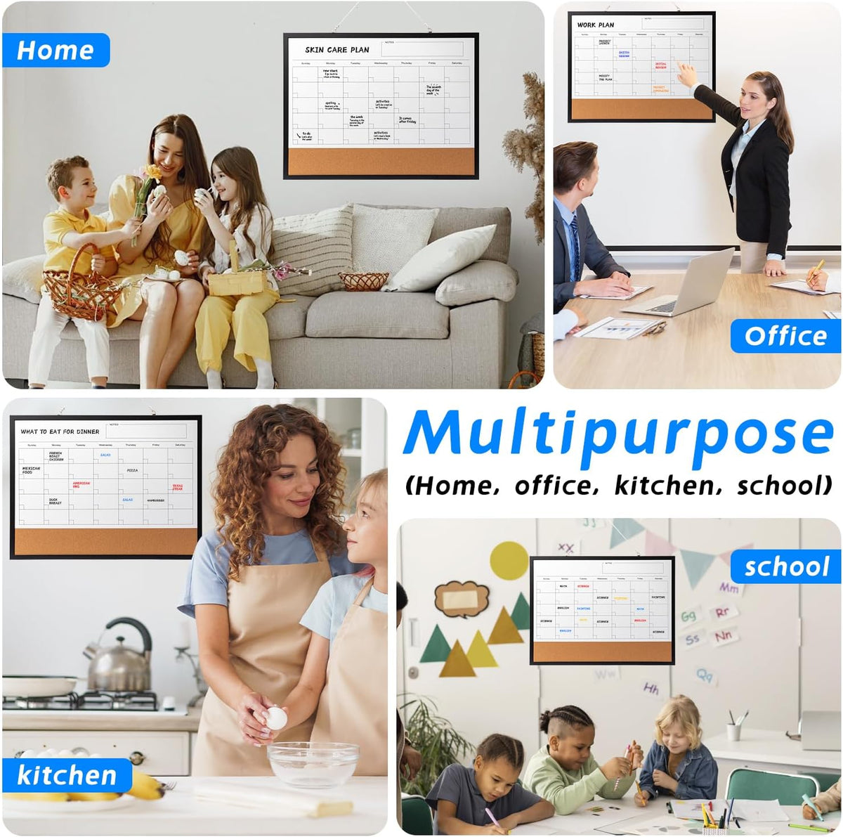 Dry Erase Calendar Whiteboard, 17" x 13" Magnetic Whiteboard Cork Board Combo, Reusable Monthly Planner with 8 Markers, Eraser, Magnets and Pushpins, Hanging Dry Erase Board for Home, School - White