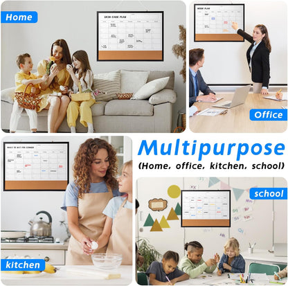 Dry Erase Calendar Whiteboard, 17" x 13" Magnetic Whiteboard Cork Board Combo, Reusable Monthly Planner with 8 Markers, Eraser, Magnets and Pushpins, Hanging Dry Erase Board for Home, School - White