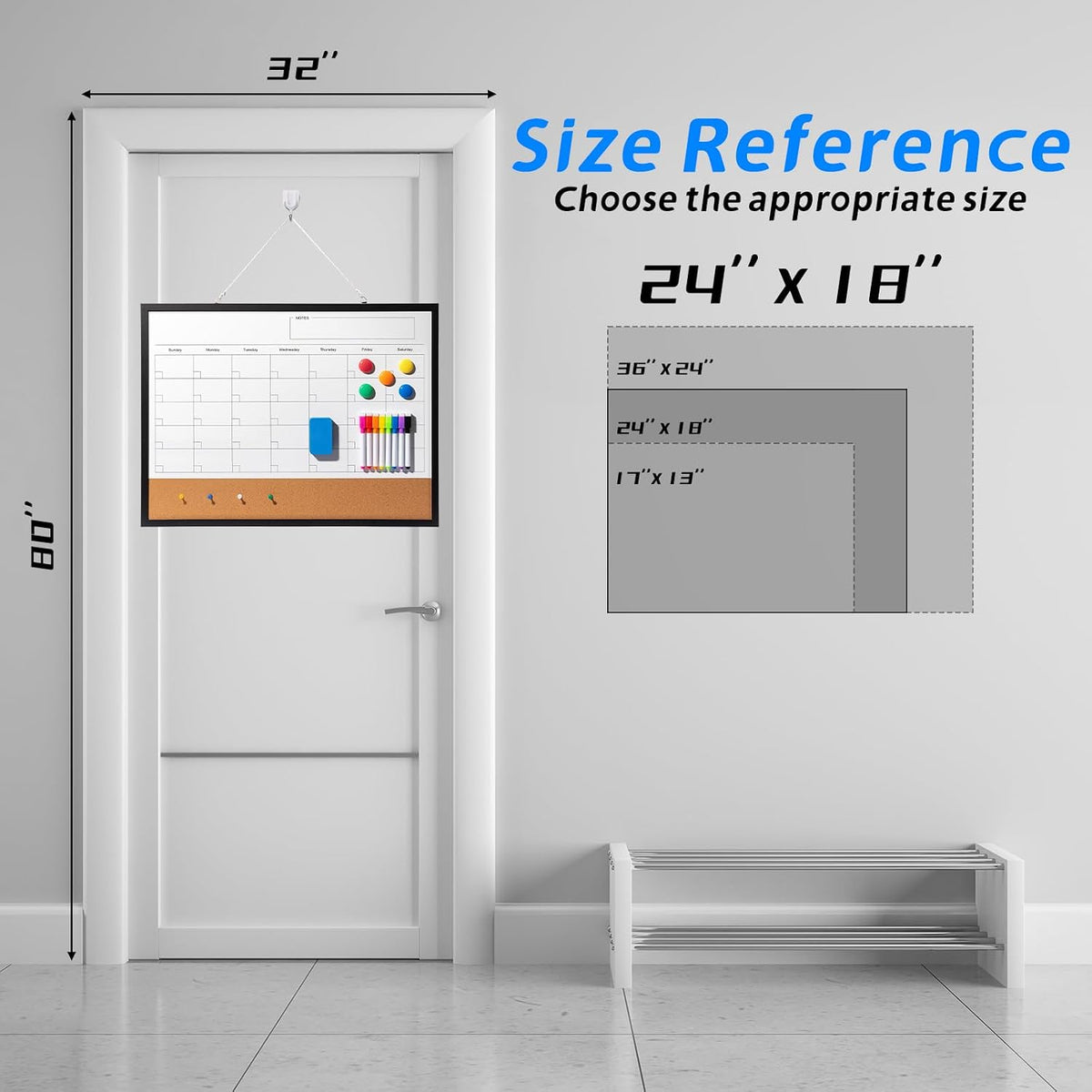 Dry Erase Calendar Whiteboard, 17" x 13" Magnetic Whiteboard Cork Board Combo, Reusable Monthly Planner with 8 Markers, Eraser, Magnets and Pushpins, Hanging Dry Erase Board for Home, School - White