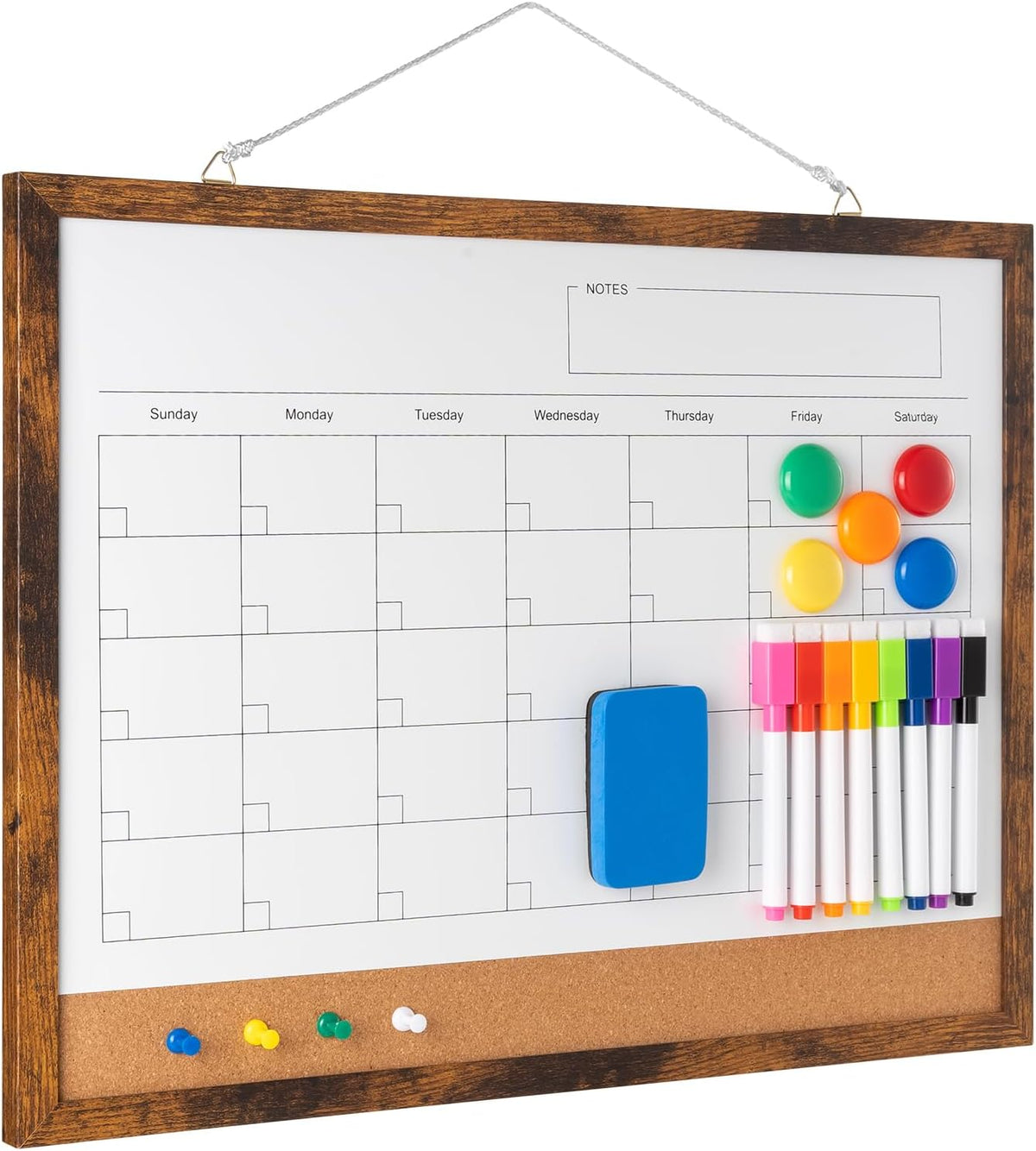Dry Erase Calendar Whiteboard, 17" x 13" Magnetic Whiteboard Cork Board Combo, Reusable Monthly Planner with 8 Markers, Eraser, Magnets and Pushpins, Hanging Dry Erase Board for Home, School - White
