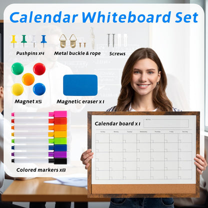 Dry Erase Calendar Whiteboard, 17" x 13" Magnetic Whiteboard Cork Board Combo, Reusable Monthly Planner with 8 Markers, Eraser, Magnets and Pushpins, Hanging Dry Erase Board for Home, School - White