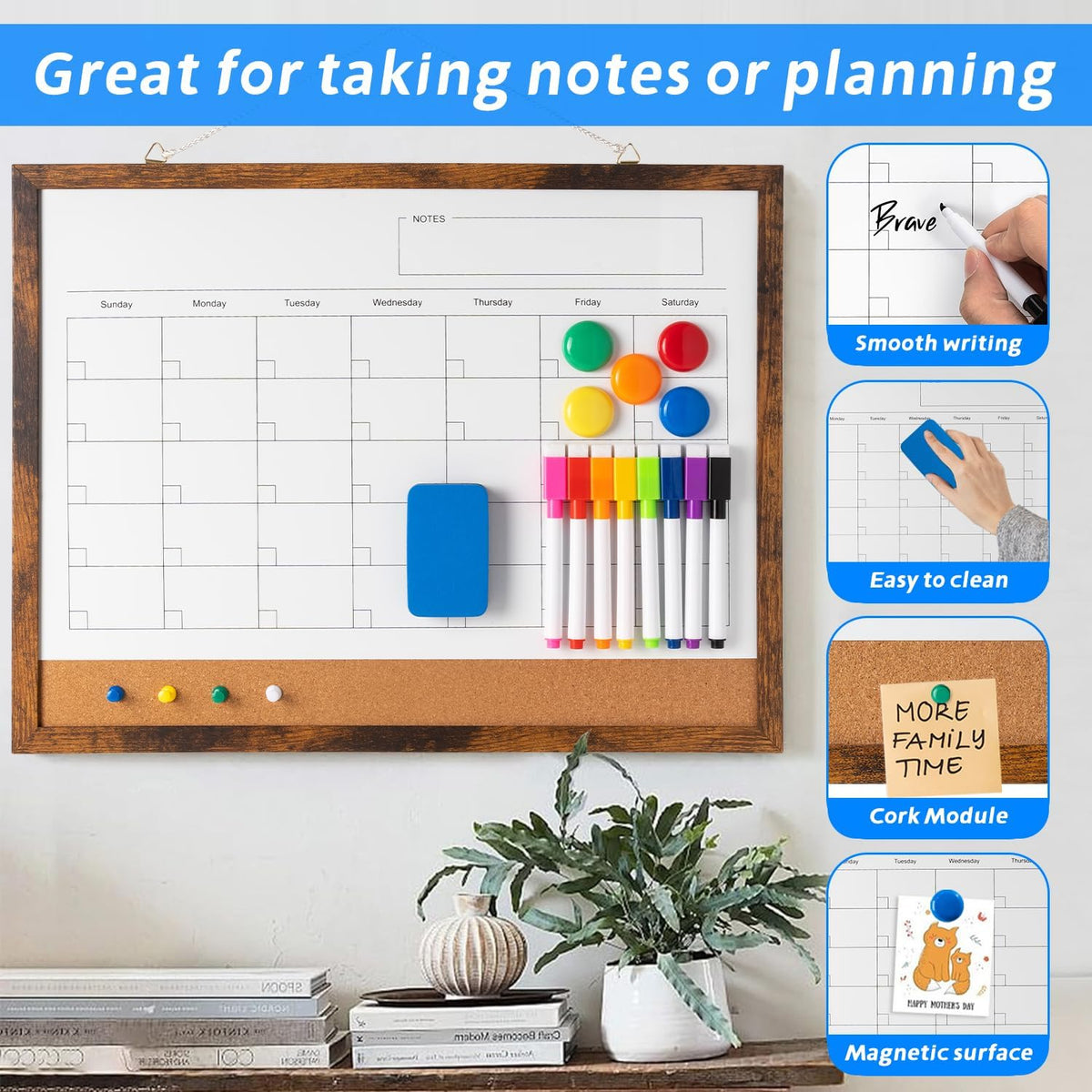 Dry Erase Calendar Whiteboard, 17" x 13" Magnetic Whiteboard Cork Board Combo, Reusable Monthly Planner with 8 Markers, Eraser, Magnets and Pushpins, Hanging Dry Erase Board for Home, School - White