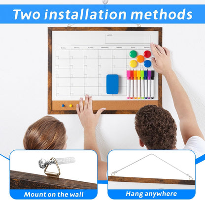 Dry Erase Calendar Whiteboard, 17" x 13" Magnetic Whiteboard Cork Board Combo, Reusable Monthly Planner with 8 Markers, Eraser, Magnets and Pushpins, Hanging Dry Erase Board for Home, School - White
