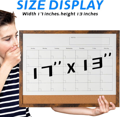 Dry Erase Calendar Whiteboard, 17" x 13" Magnetic Whiteboard Cork Board Combo, Reusable Monthly Planner with 8 Markers, Eraser, Magnets and Pushpins, Hanging Dry Erase Board for Home, School - White