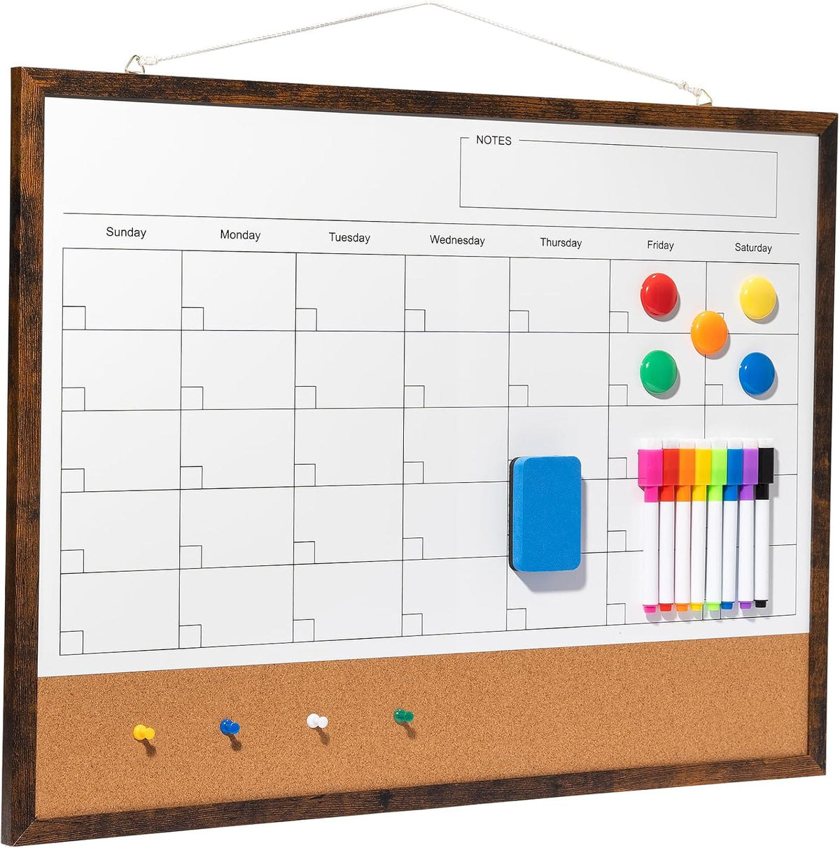 Dry Erase Calendar Whiteboard, 17" x 13" Magnetic Whiteboard Cork Board Combo, Reusable Monthly Planner with 8 Markers, Eraser, Magnets and Pushpins, Hanging Dry Erase Board for Home, School - White