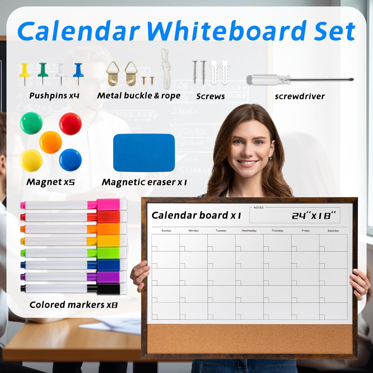 Dry Erase Calendar Whiteboard, 17" x 13" Magnetic Whiteboard Cork Board Combo, Reusable Monthly Planner with 8 Markers, Eraser, Magnets and Pushpins, Hanging Dry Erase Board for Home, School - White