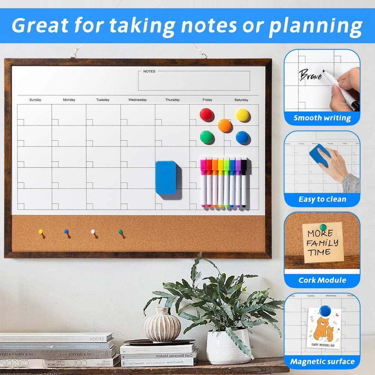 Dry Erase Calendar Whiteboard, 17" x 13" Magnetic Whiteboard Cork Board Combo, Reusable Monthly Planner with 8 Markers, Eraser, Magnets and Pushpins, Hanging Dry Erase Board for Home, School - White