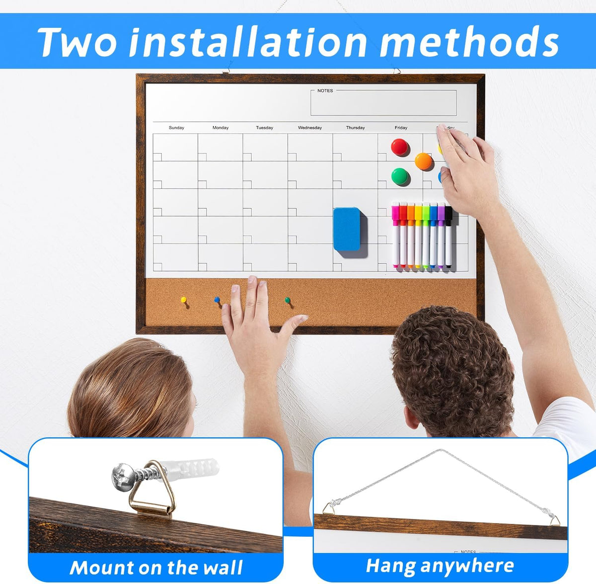 Dry Erase Calendar Whiteboard, 17" x 13" Magnetic Whiteboard Cork Board Combo, Reusable Monthly Planner with 8 Markers, Eraser, Magnets and Pushpins, Hanging Dry Erase Board for Home, School - White