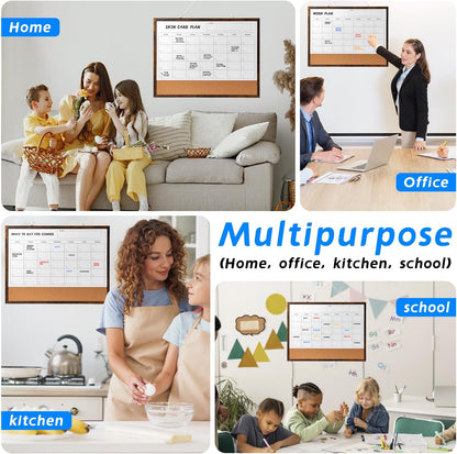 Dry Erase Calendar Whiteboard, 17" x 13" Magnetic Whiteboard Cork Board Combo, Reusable Monthly Planner with 8 Markers, Eraser, Magnets and Pushpins, Hanging Dry Erase Board for Home, School - White