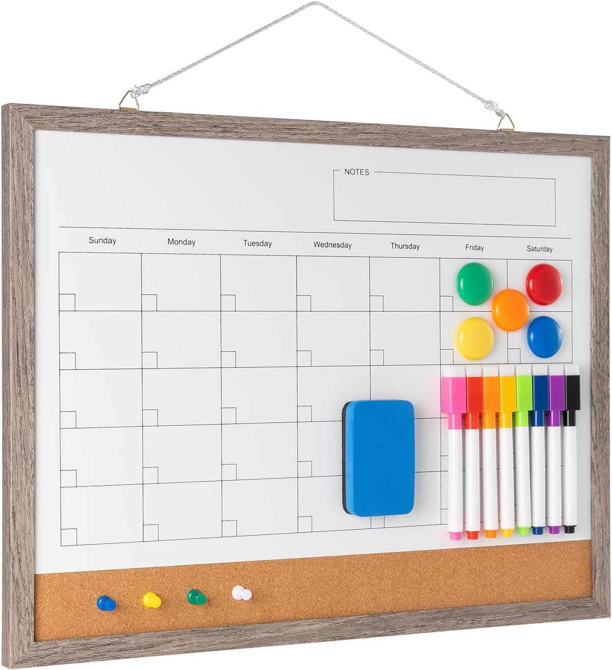 Dry Erase Calendar Whiteboard, 17" x 13" Magnetic Whiteboard Cork Board Combo, Reusable Monthly Planner with 8 Markers, Eraser, Magnets and Pushpins, Hanging Dry Erase Board for Home, School - White