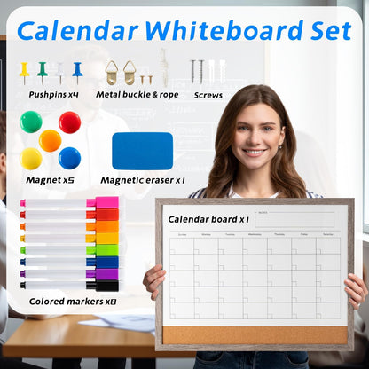 Dry Erase Calendar Whiteboard, 17" x 13" Magnetic Whiteboard Cork Board Combo, Reusable Monthly Planner with 8 Markers, Eraser, Magnets and Pushpins, Hanging Dry Erase Board for Home, School - White