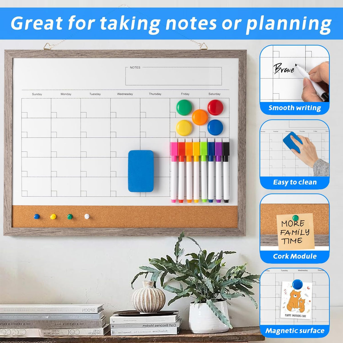 Dry Erase Calendar Whiteboard, 17" x 13" Magnetic Whiteboard Cork Board Combo, Reusable Monthly Planner with 8 Markers, Eraser, Magnets and Pushpins, Hanging Dry Erase Board for Home, School - White