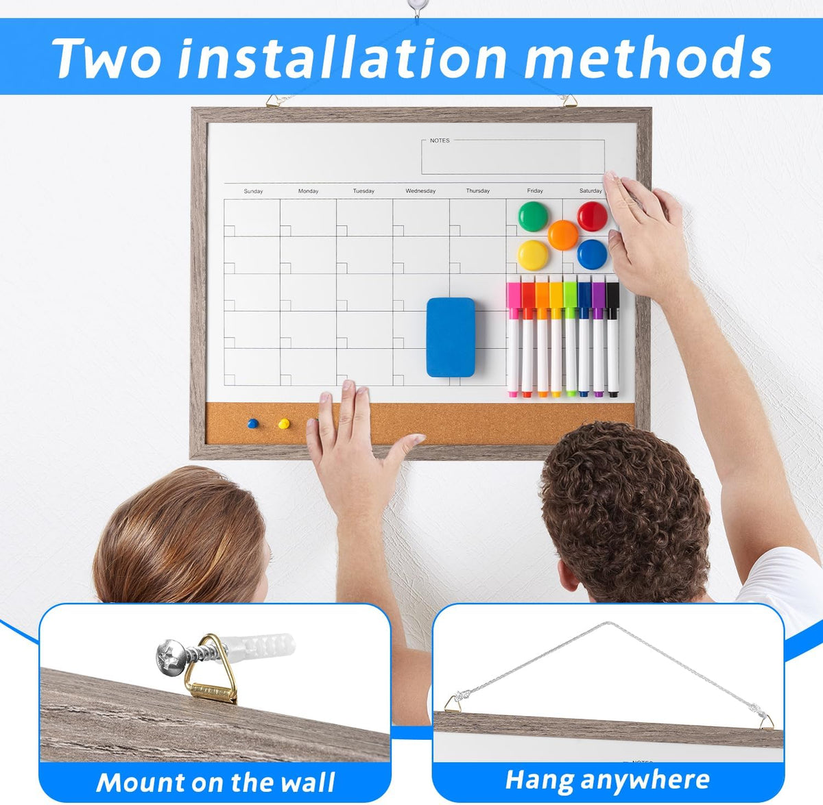 Dry Erase Calendar Whiteboard, 17" x 13" Magnetic Whiteboard Cork Board Combo, Reusable Monthly Planner with 8 Markers, Eraser, Magnets and Pushpins, Hanging Dry Erase Board for Home, School - White