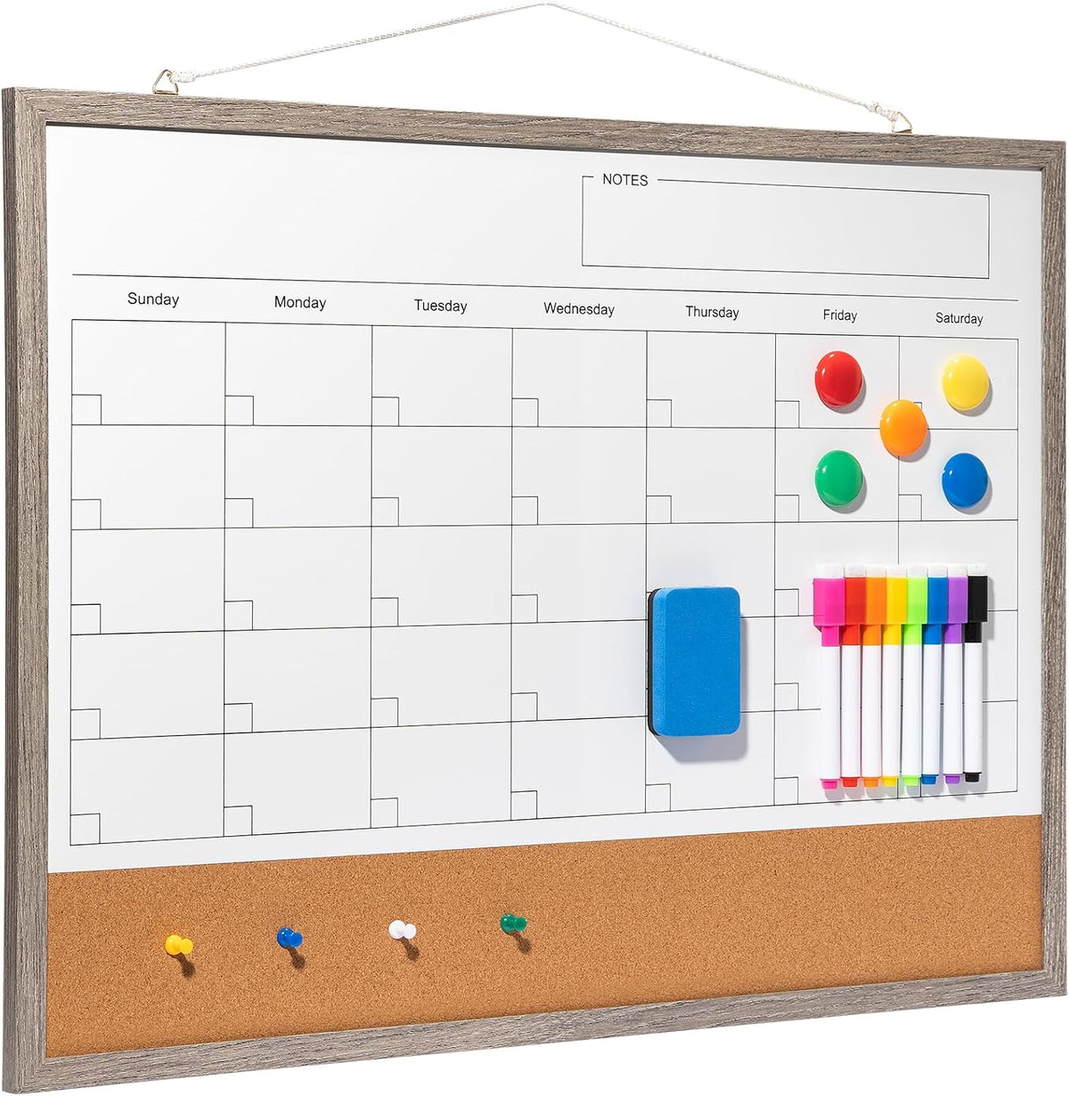 Dry Erase Calendar Whiteboard, 17" x 13" Magnetic Whiteboard Cork Board Combo, Reusable Monthly Planner with 8 Markers, Eraser, Magnets and Pushpins, Hanging Dry Erase Board for Home, School - White