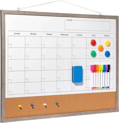 Dry Erase Calendar Whiteboard, 17" x 13" Magnetic Whiteboard Cork Board Combo, Reusable Monthly Planner with 8 Markers, Eraser, Magnets and Pushpins, Hanging Dry Erase Board for Home, School - White