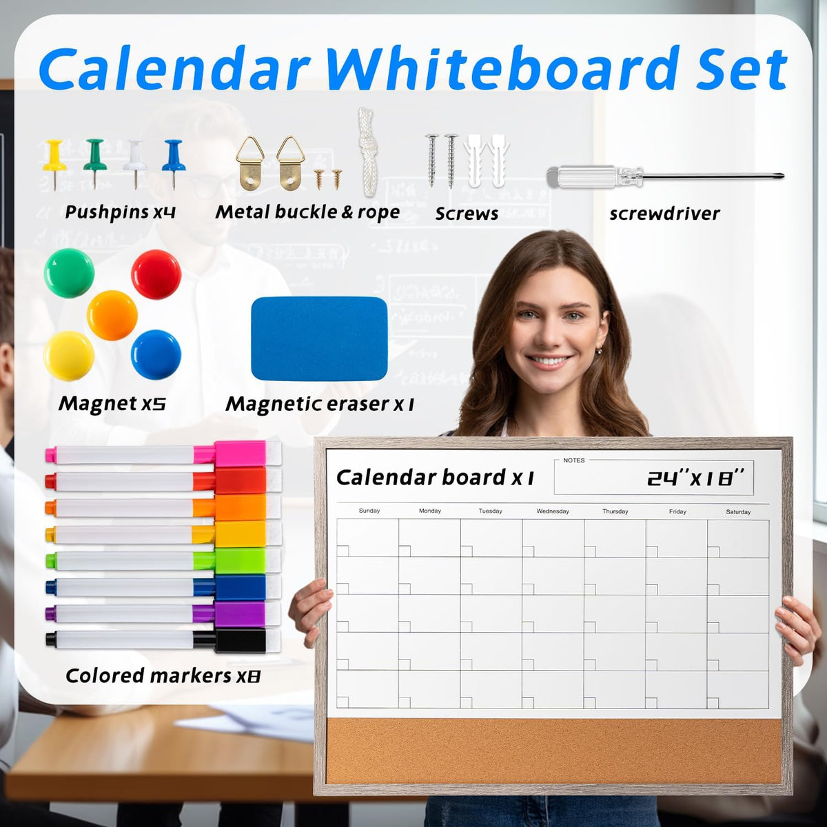 Dry Erase Calendar Whiteboard, 17" x 13" Magnetic Whiteboard Cork Board Combo, Reusable Monthly Planner with 8 Markers, Eraser, Magnets and Pushpins, Hanging Dry Erase Board for Home, School - White