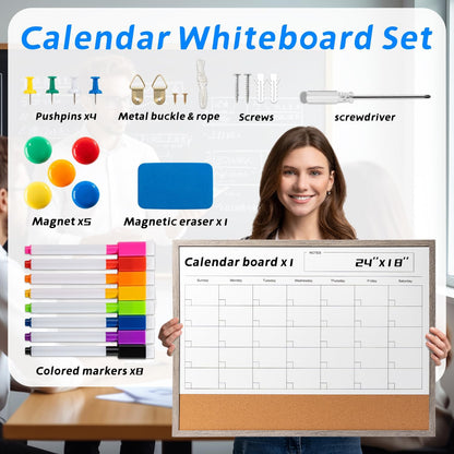 Dry Erase Calendar Whiteboard, 17" x 13" Magnetic Whiteboard Cork Board Combo, Reusable Monthly Planner with 8 Markers, Eraser, Magnets and Pushpins, Hanging Dry Erase Board for Home, School - White
