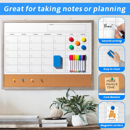 Dry Erase Calendar Whiteboard, 17" x 13" Magnetic Whiteboard Cork Board Combo, Reusable Monthly Planner with 8 Markers, Eraser, Magnets and Pushpins, Hanging Dry Erase Board for Home, School - White