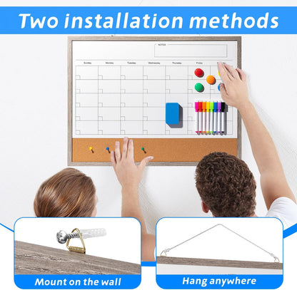 Dry Erase Calendar Whiteboard, 17" x 13" Magnetic Whiteboard Cork Board Combo, Reusable Monthly Planner with 8 Markers, Eraser, Magnets and Pushpins, Hanging Dry Erase Board for Home, School - White