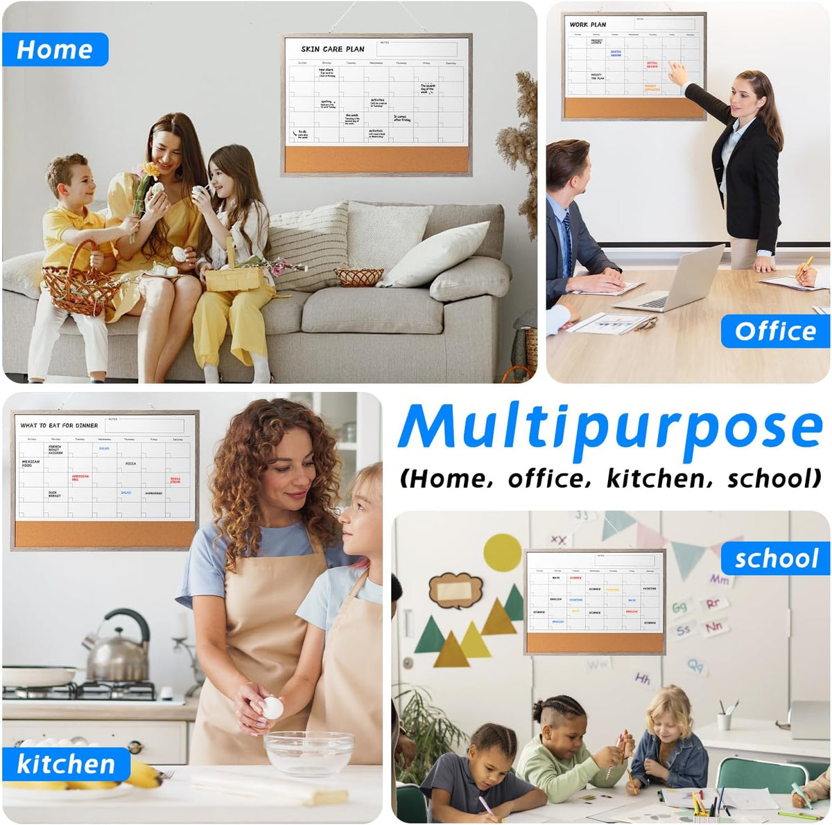 Dry Erase Calendar Whiteboard, 17" x 13" Magnetic Whiteboard Cork Board Combo, Reusable Monthly Planner with 8 Markers, Eraser, Magnets and Pushpins, Hanging Dry Erase Board for Home, School - White