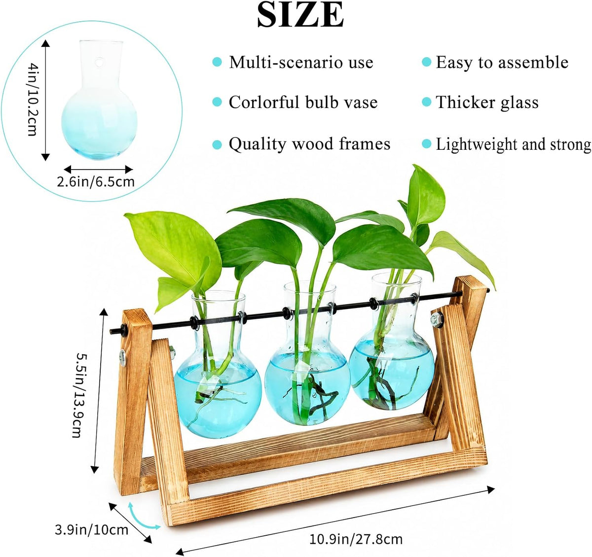 Plant Terrarium with Wooden Stand, Air Planter Bulb Glass Vase Metal Swivel Holder Retro Tabletop for Hydroponics Home Garden Office Decoration - 3 Bulb Vase