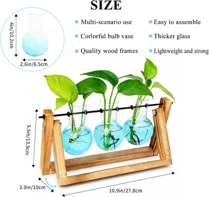 Plant Terrarium with Wooden Stand, Air Planter Bulb Glass Vase Metal Swivel Holder Retro Tabletop for Hydroponics Home Garden Office Decoration - 3 Bulb Vase