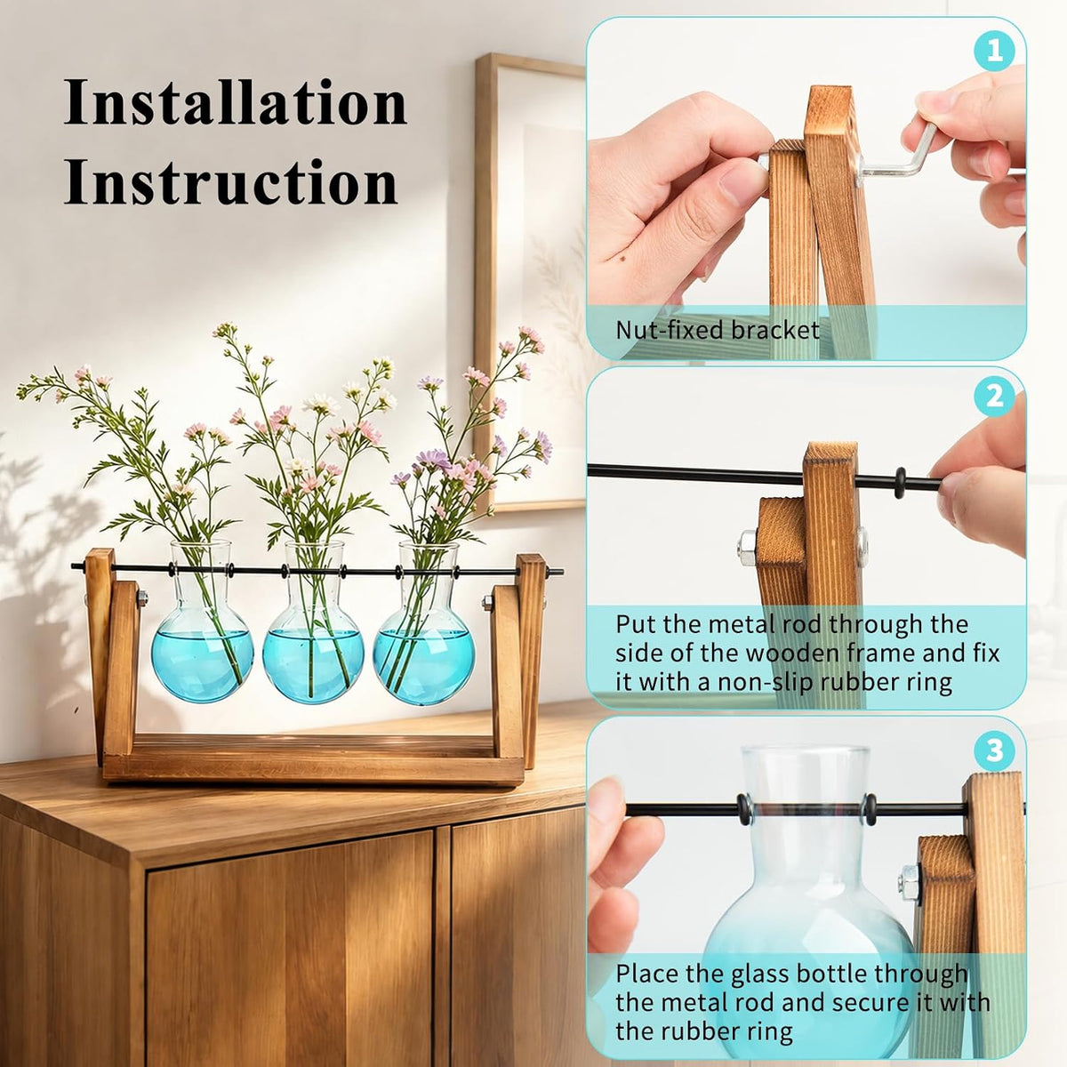 Plant Terrarium with Wooden Stand, Air Planter Bulb Glass Vase Metal Swivel Holder Retro Tabletop for Hydroponics Home Garden Office Decoration - 3 Bulb Vase