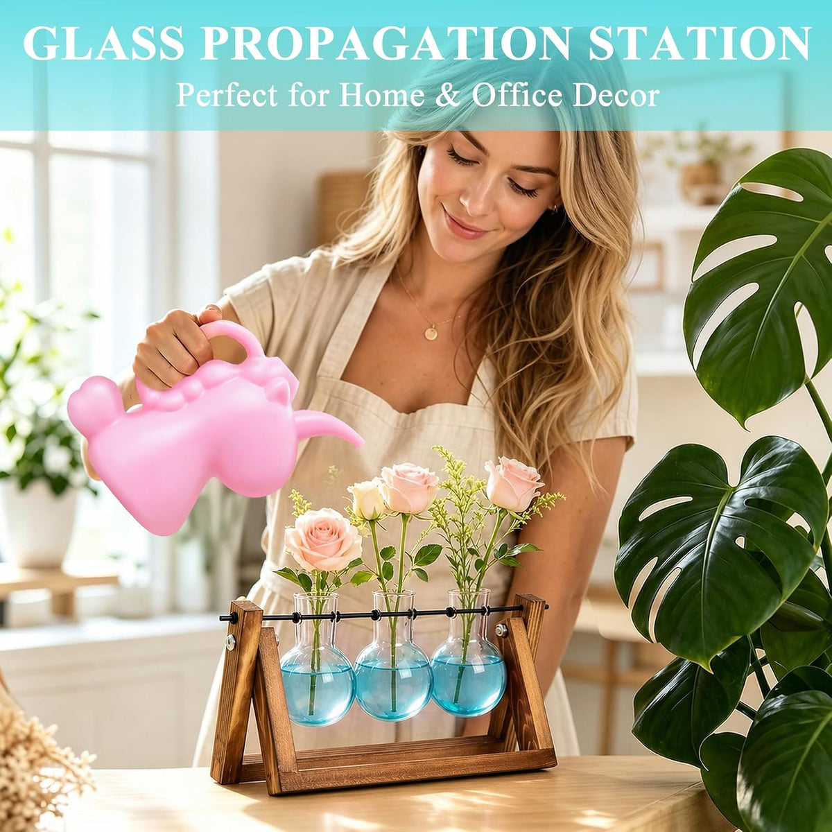 Plant Terrarium with Wooden Stand, Air Planter Bulb Glass Vase Metal Swivel Holder Retro Tabletop for Hydroponics Home Garden Office Decoration - 3 Bulb Vase