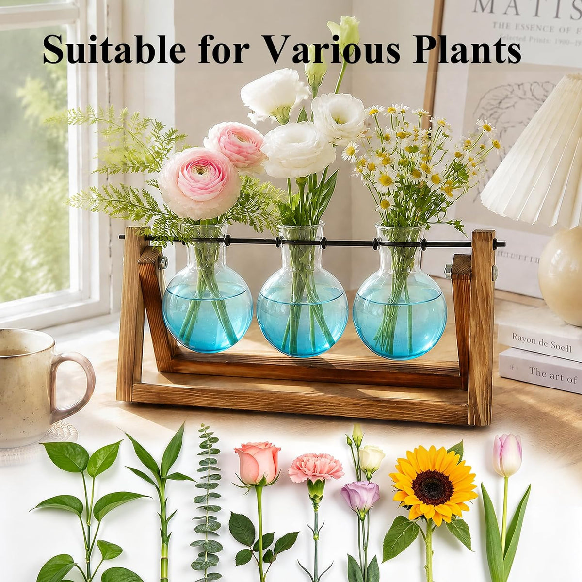 Plant Terrarium with Wooden Stand, Air Planter Bulb Glass Vase Metal Swivel Holder Retro Tabletop for Hydroponics Home Garden Office Decoration - 3 Bulb Vase