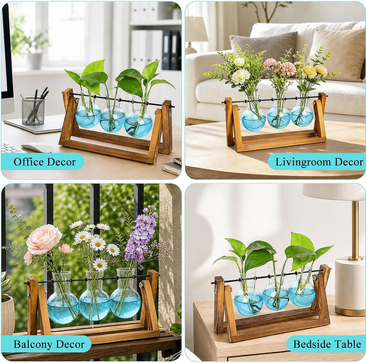 Plant Terrarium with Wooden Stand, Air Planter Bulb Glass Vase Metal Swivel Holder Retro Tabletop for Hydroponics Home Garden Office Decoration - 3 Bulb Vase