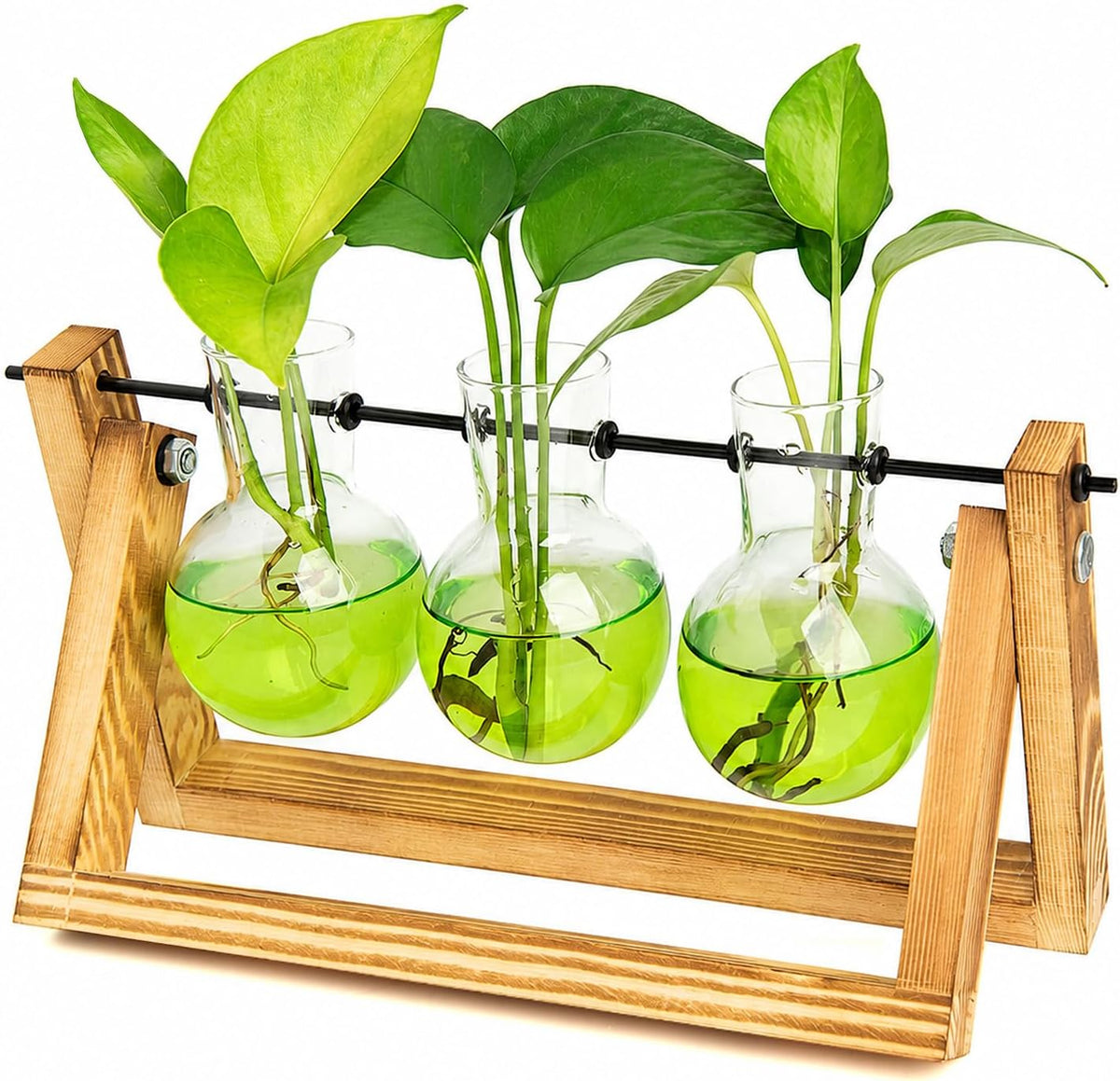 Plant Terrarium with Wooden Stand, Air Planter Bulb Glass Vase Metal Swivel Holder Retro Tabletop for Hydroponics Home Garden Office Decoration - 3 Bulb Vase