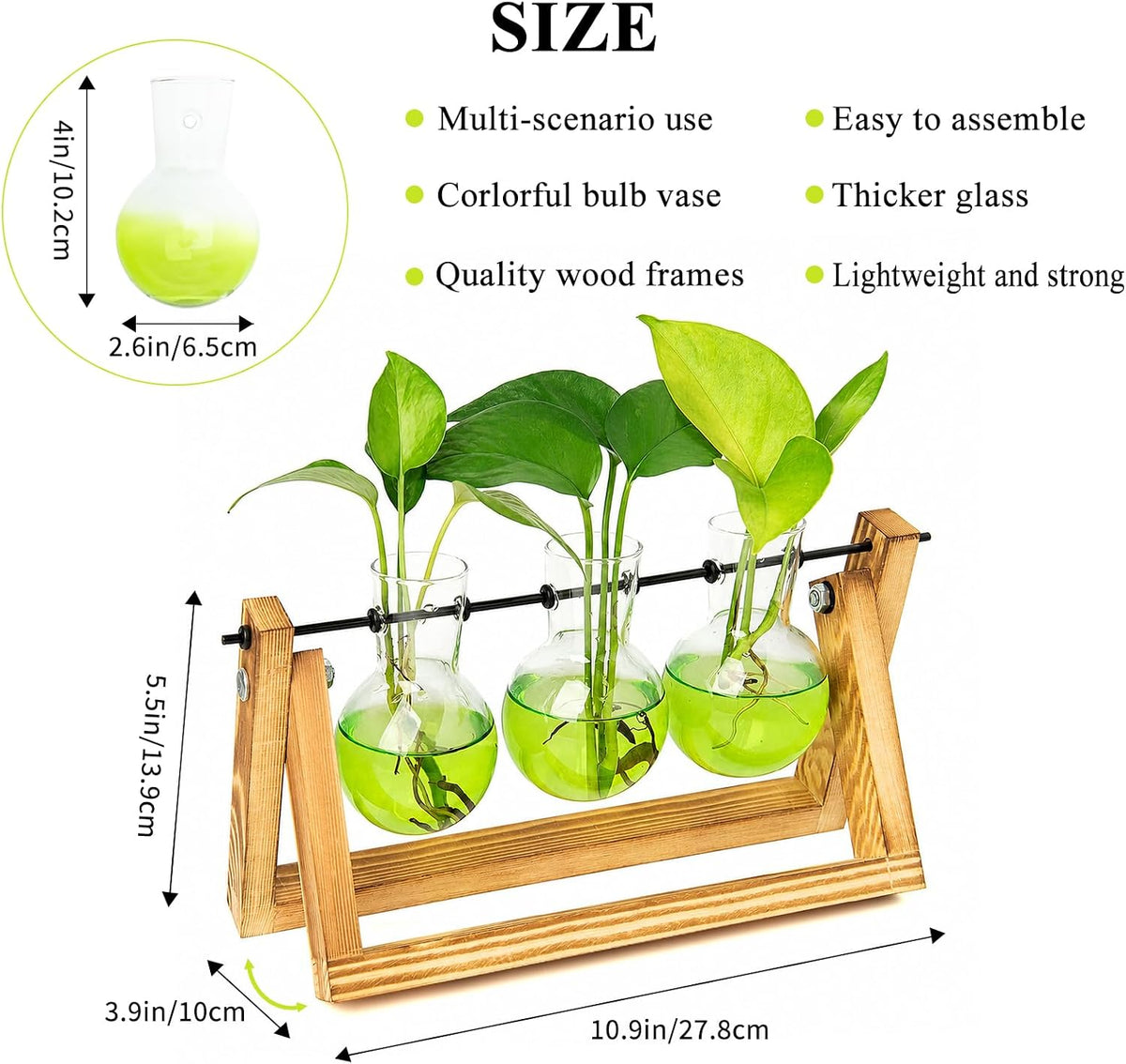 Plant Terrarium with Wooden Stand, Air Planter Bulb Glass Vase Metal Swivel Holder Retro Tabletop for Hydroponics Home Garden Office Decoration - 3 Bulb Vase