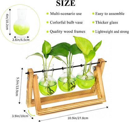 Plant Terrarium with Wooden Stand, Air Planter Bulb Glass Vase Metal Swivel Holder Retro Tabletop for Hydroponics Home Garden Office Decoration - 3 Bulb Vase