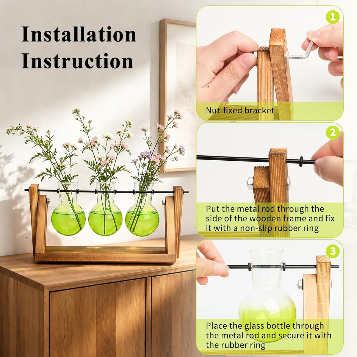 Plant Terrarium with Wooden Stand, Air Planter Bulb Glass Vase Metal Swivel Holder Retro Tabletop for Hydroponics Home Garden Office Decoration - 3 Bulb Vase