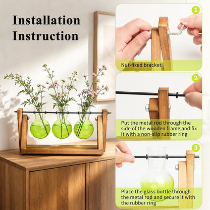 Plant Terrarium with Wooden Stand, Air Planter Bulb Glass Vase Metal Swivel Holder Retro Tabletop for Hydroponics Home Garden Office Decoration - 3 Bulb Vase