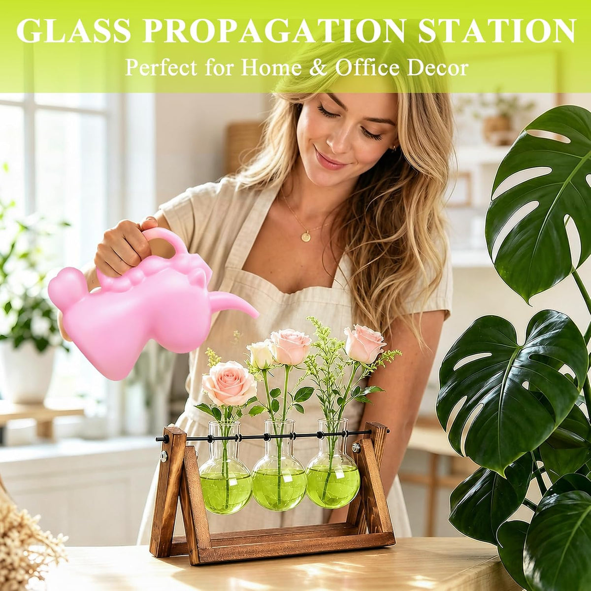 Plant Terrarium with Wooden Stand, Air Planter Bulb Glass Vase Metal Swivel Holder Retro Tabletop for Hydroponics Home Garden Office Decoration - 3 Bulb Vase
