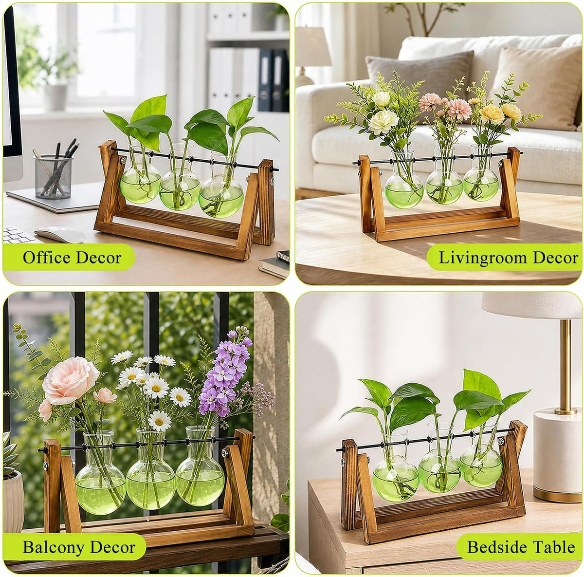 Plant Terrarium with Wooden Stand, Air Planter Bulb Glass Vase Metal Swivel Holder Retro Tabletop for Hydroponics Home Garden Office Decoration - 3 Bulb Vase
