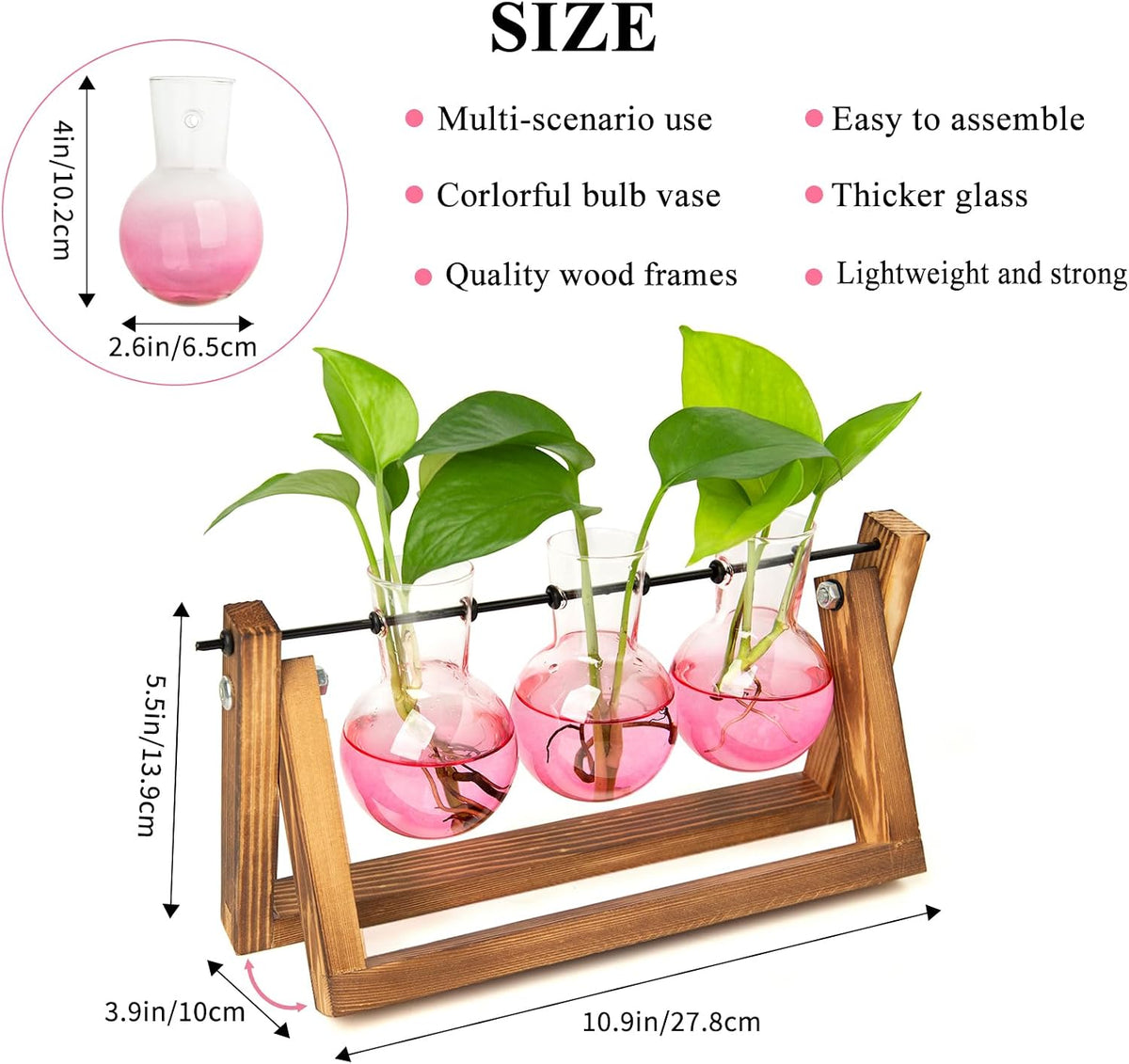 Plant Terrarium with Wooden Stand, Air Planter Bulb Glass Vase Metal Swivel Holder Retro Tabletop for Hydroponics Home Garden Office Decoration - 3 Bulb Vase