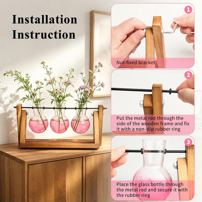 Plant Terrarium with Wooden Stand, Air Planter Bulb Glass Vase Metal Swivel Holder Retro Tabletop for Hydroponics Home Garden Office Decoration - 3 Bulb Vase