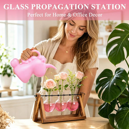 Plant Terrarium with Wooden Stand, Air Planter Bulb Glass Vase Metal Swivel Holder Retro Tabletop for Hydroponics Home Garden Office Decoration - 3 Bulb Vase