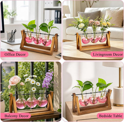 Plant Terrarium with Wooden Stand, Air Planter Bulb Glass Vase Metal Swivel Holder Retro Tabletop for Hydroponics Home Garden Office Decoration - 3 Bulb Vase